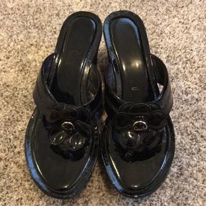 Coach wedge thong sandals - black patent / fabric